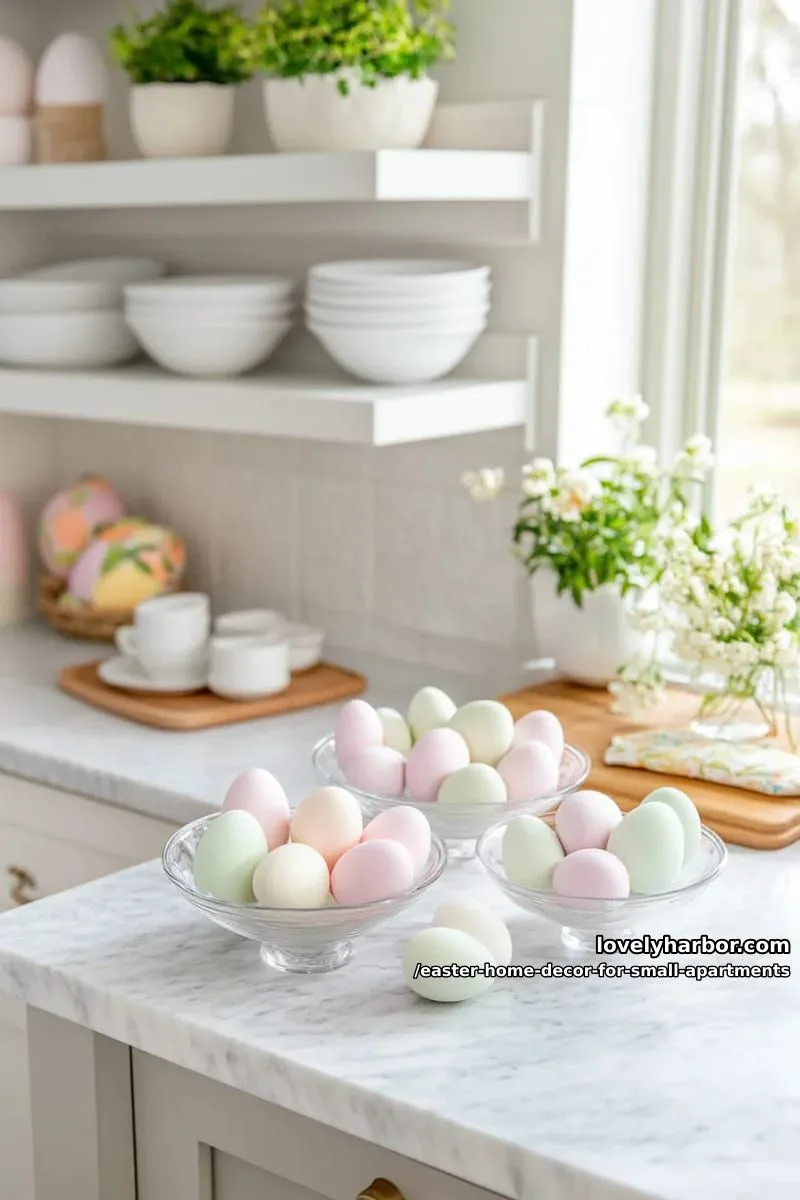 candy-colored egg arrangements in small clear bowls for kitchen counters 1