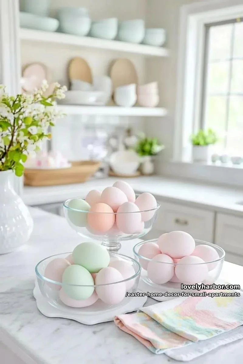 candy-colored egg arrangements in small clear bowls for kitchen counters 1