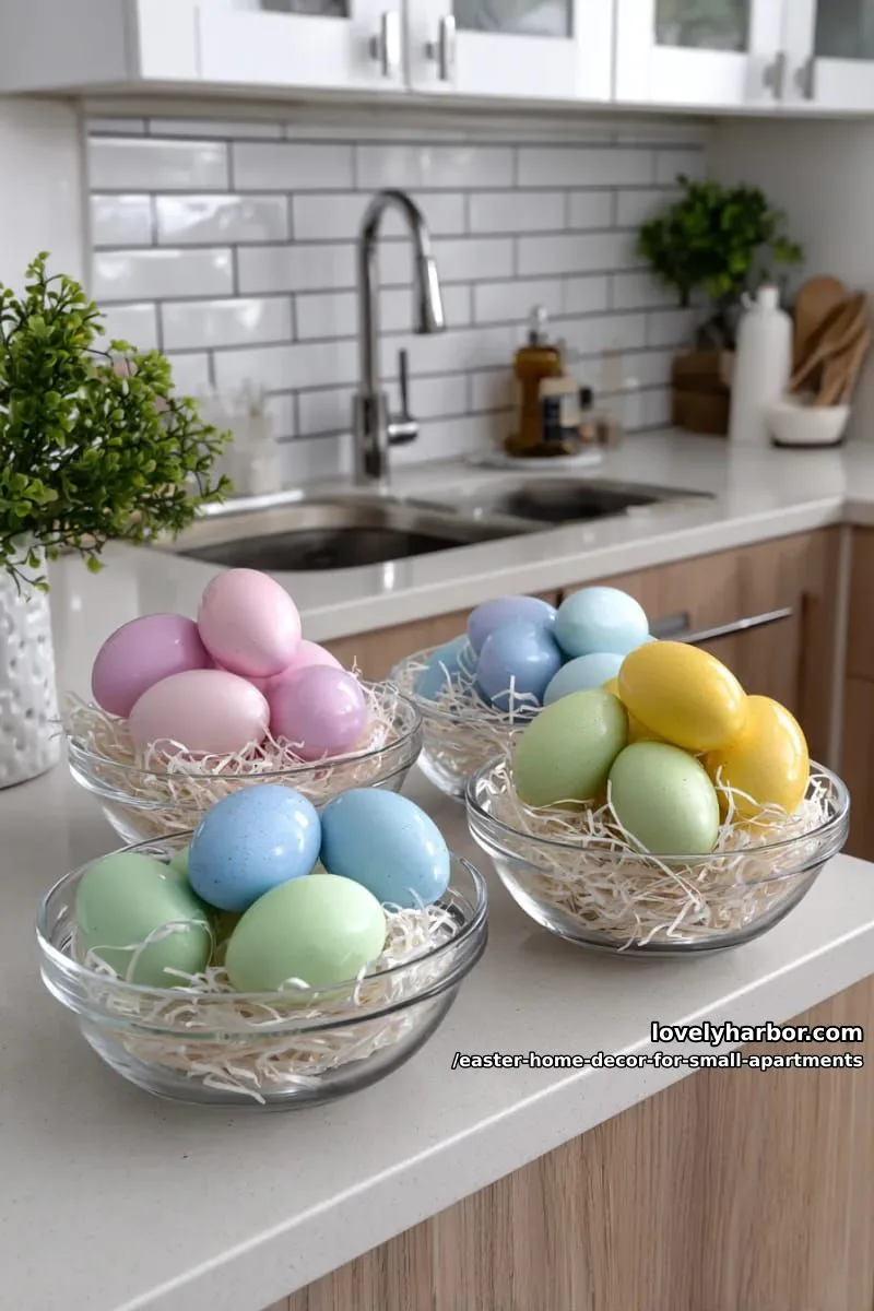 candy-colored egg arrangements in small clear bowls for kitchen counters 1