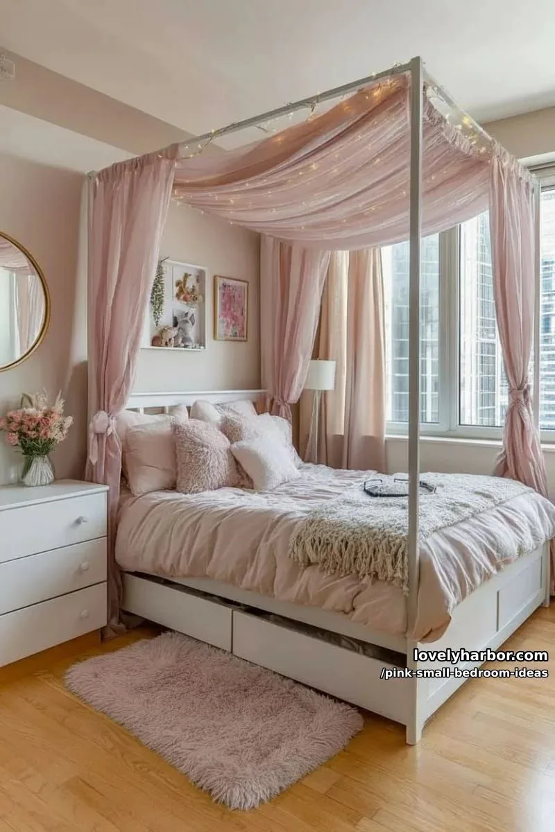 21 Pink Small Bedrooms Ideas You'll Love 10 canopy bed draped with sheer blush curtains and twinkling string lights 1