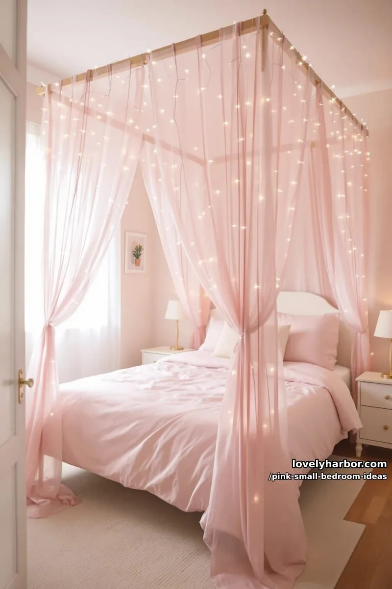 21 Pink Small Bedrooms Ideas You'll Love 11 canopy bed draped with sheer blush curtains and twinkling string lights 1