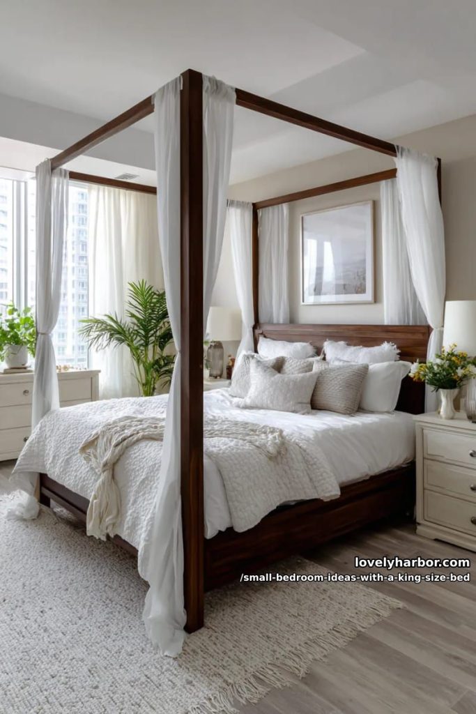 canopy king size bed with sheer curtains for dreamy effect 40