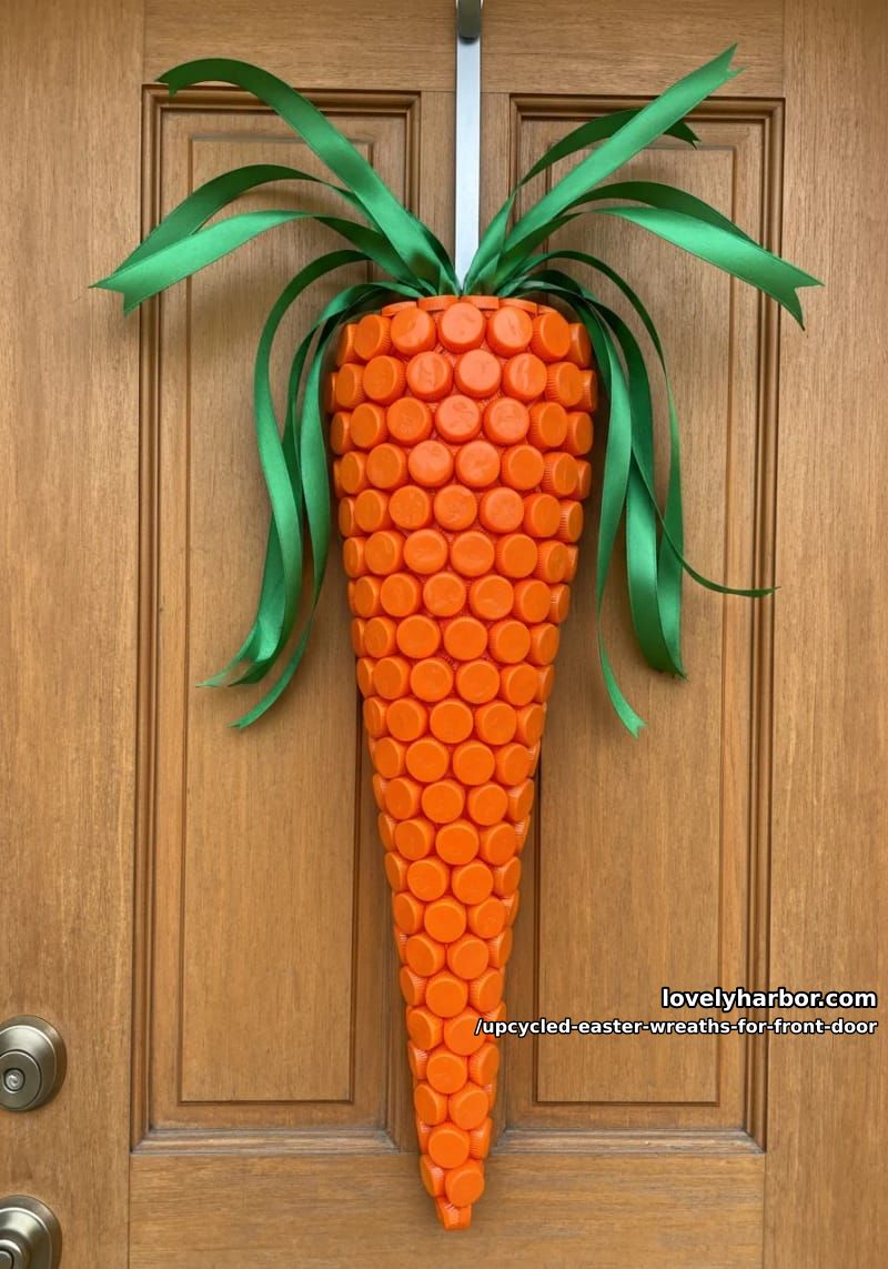 carrot-inspired wreath using orange bottle caps and green ribbon tails 1
