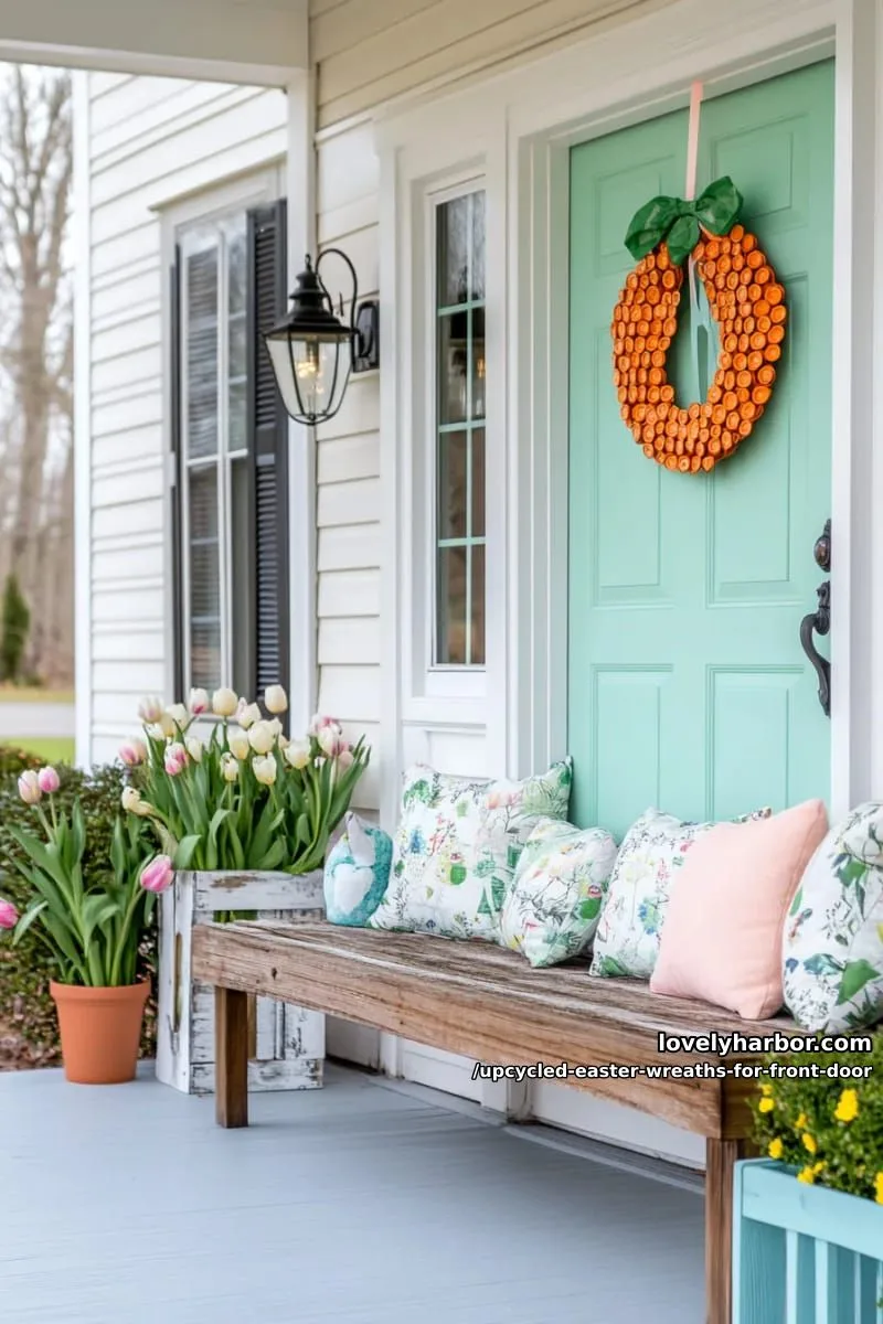 15 Upcycled Easter Wreaths For Front Door That Bring Colorful Spring Vibes 8 carrot-inspired wreath using orange bottle caps and green ribbon tails 1
