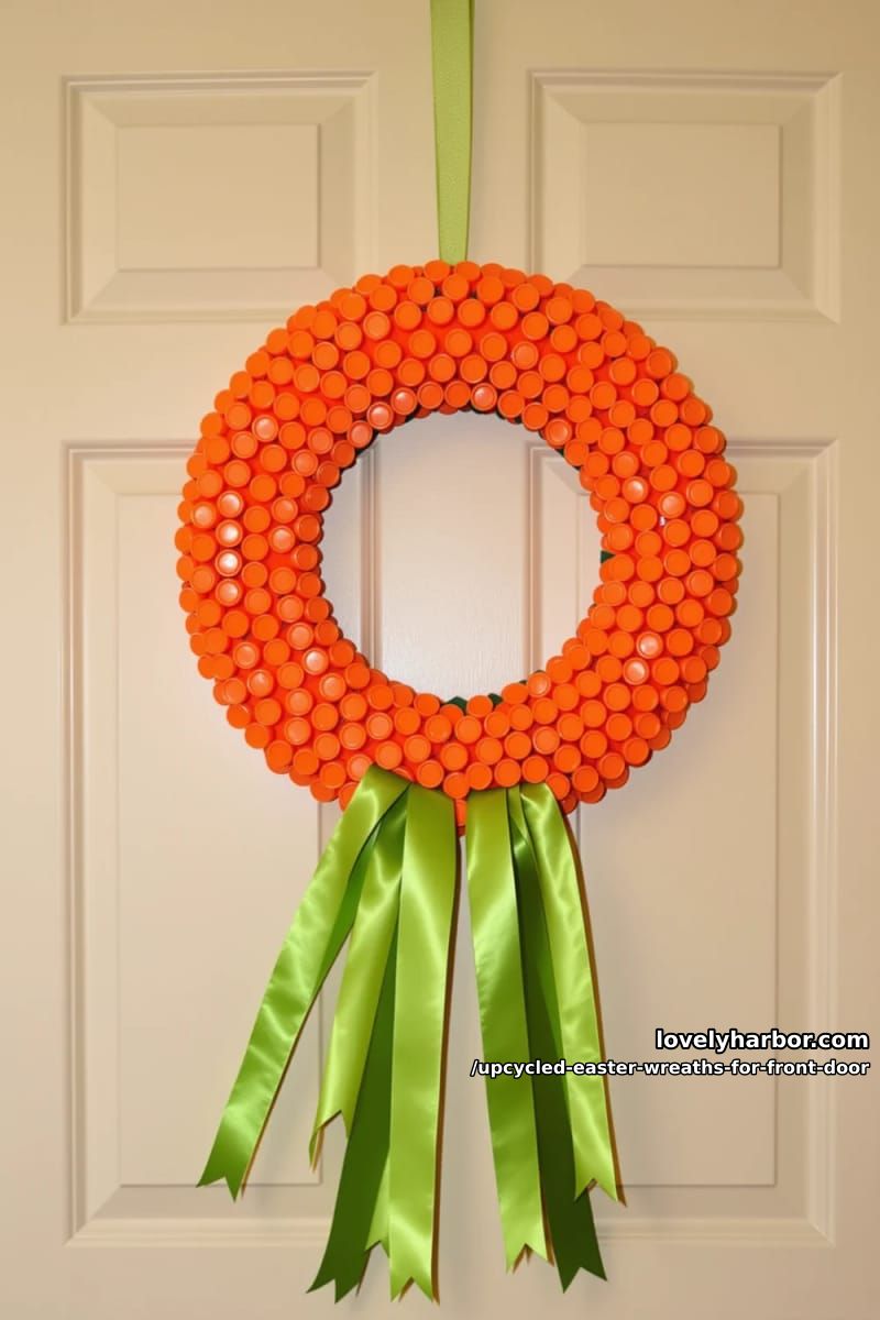 carrot-inspired wreath using orange bottle caps and green ribbon tails 1