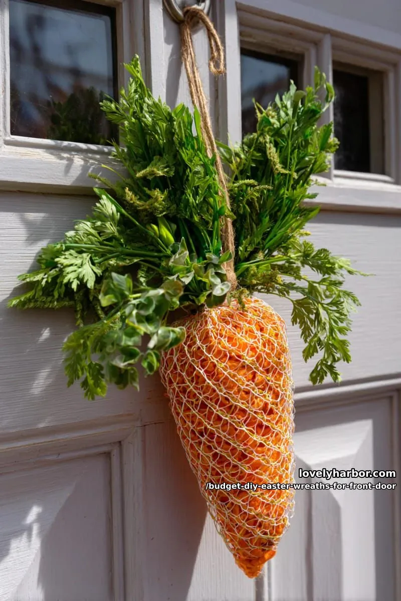 carrot-shaped wreath from orange mesh and green raffia for a playful door look 1