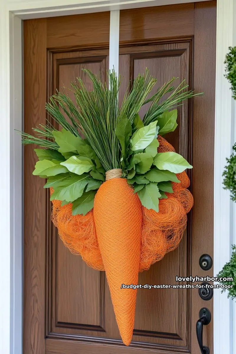 carrot-shaped wreath from orange mesh and green raffia for a playful door look 1