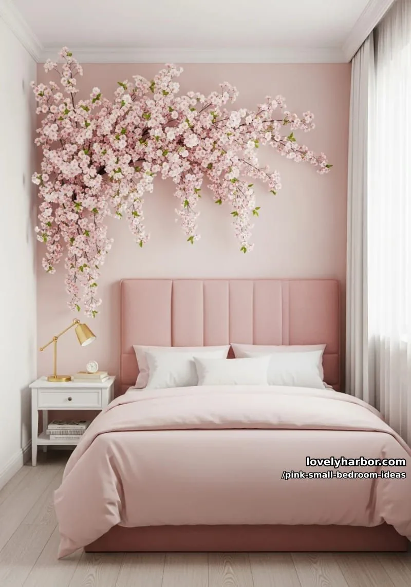 21 Pink Small Bedrooms Ideas You'll Love 50 cascading artificial cherry blossom branches over a blush headboard 1