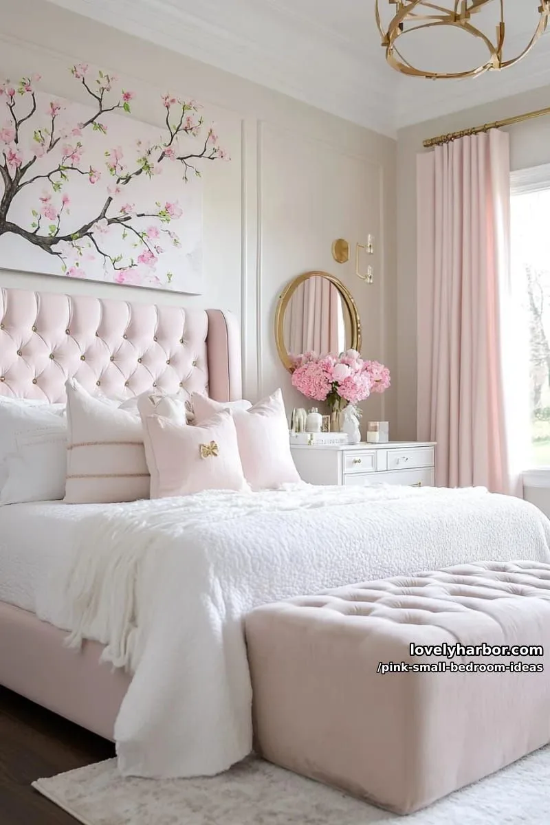 21 Pink Small Bedrooms Ideas You'll Love 52 cascading artificial cherry blossom branches over a blush headboard 1