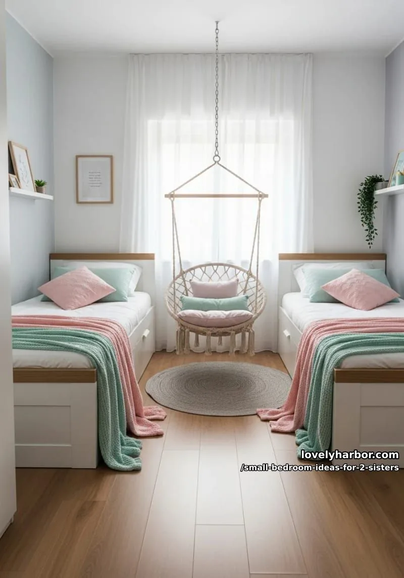 ceiling-hung swing chair between beds with matching pastel throw blankets 1