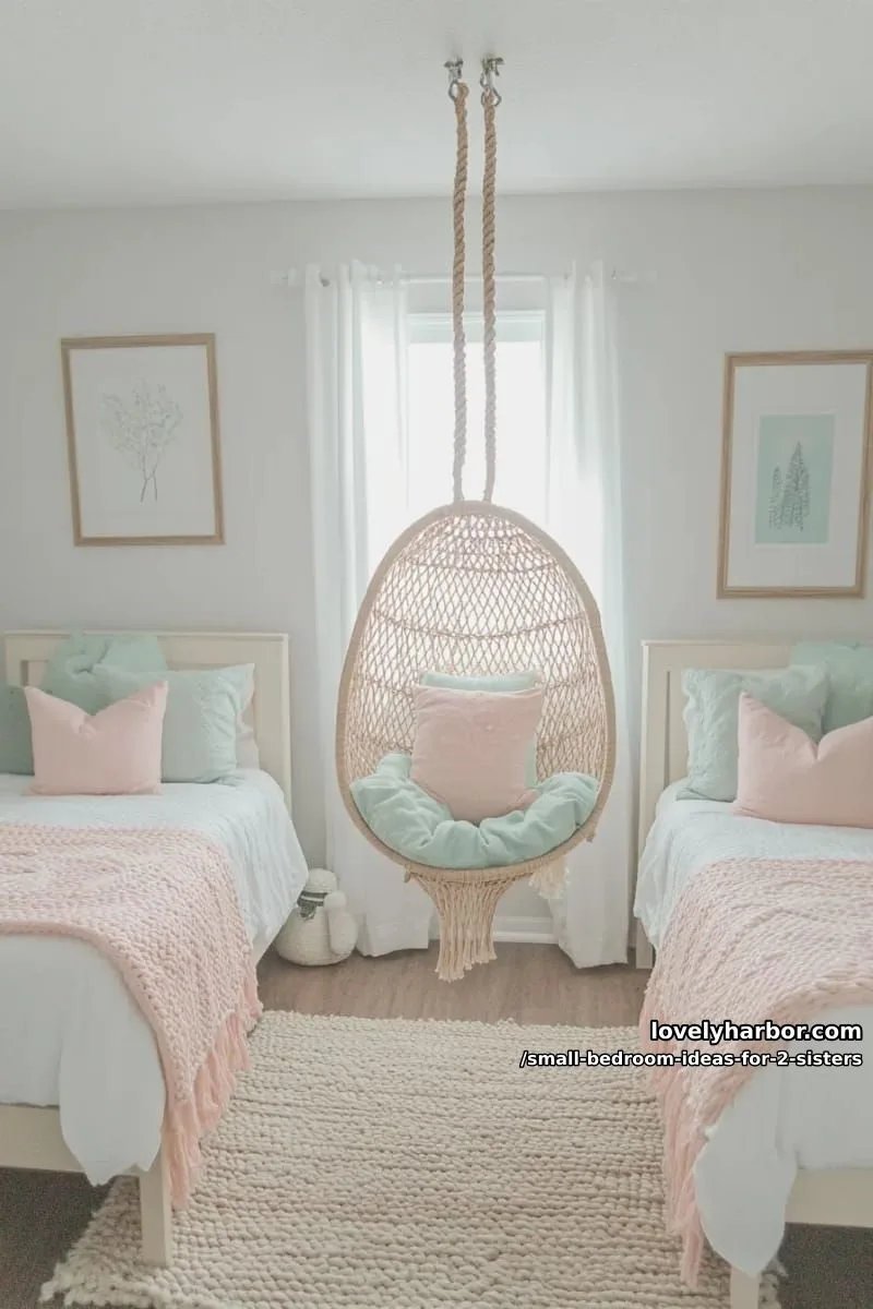 ceiling-hung swing chair between beds with matching pastel throw blankets 1