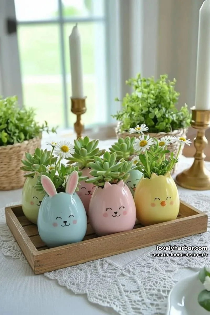 ceramic egg planters painted with whimsical bunny and chick faces 1