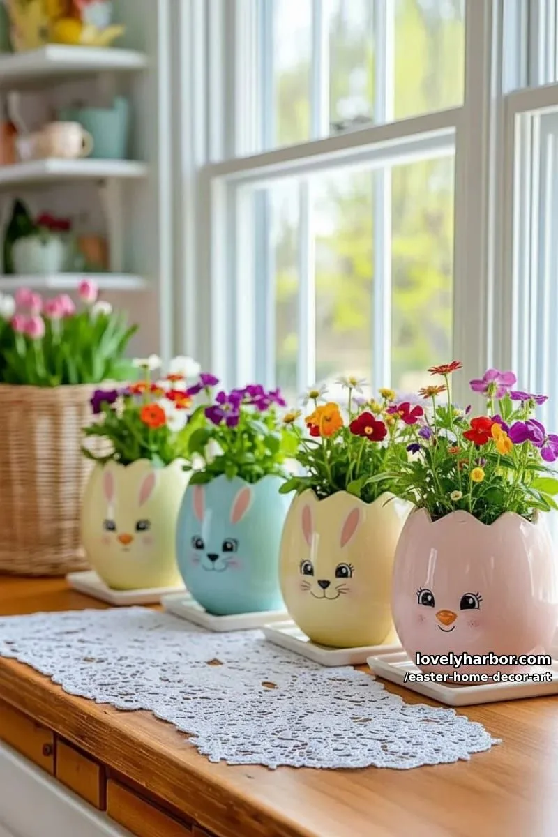 ceramic egg planters painted with whimsical bunny and chick faces 1