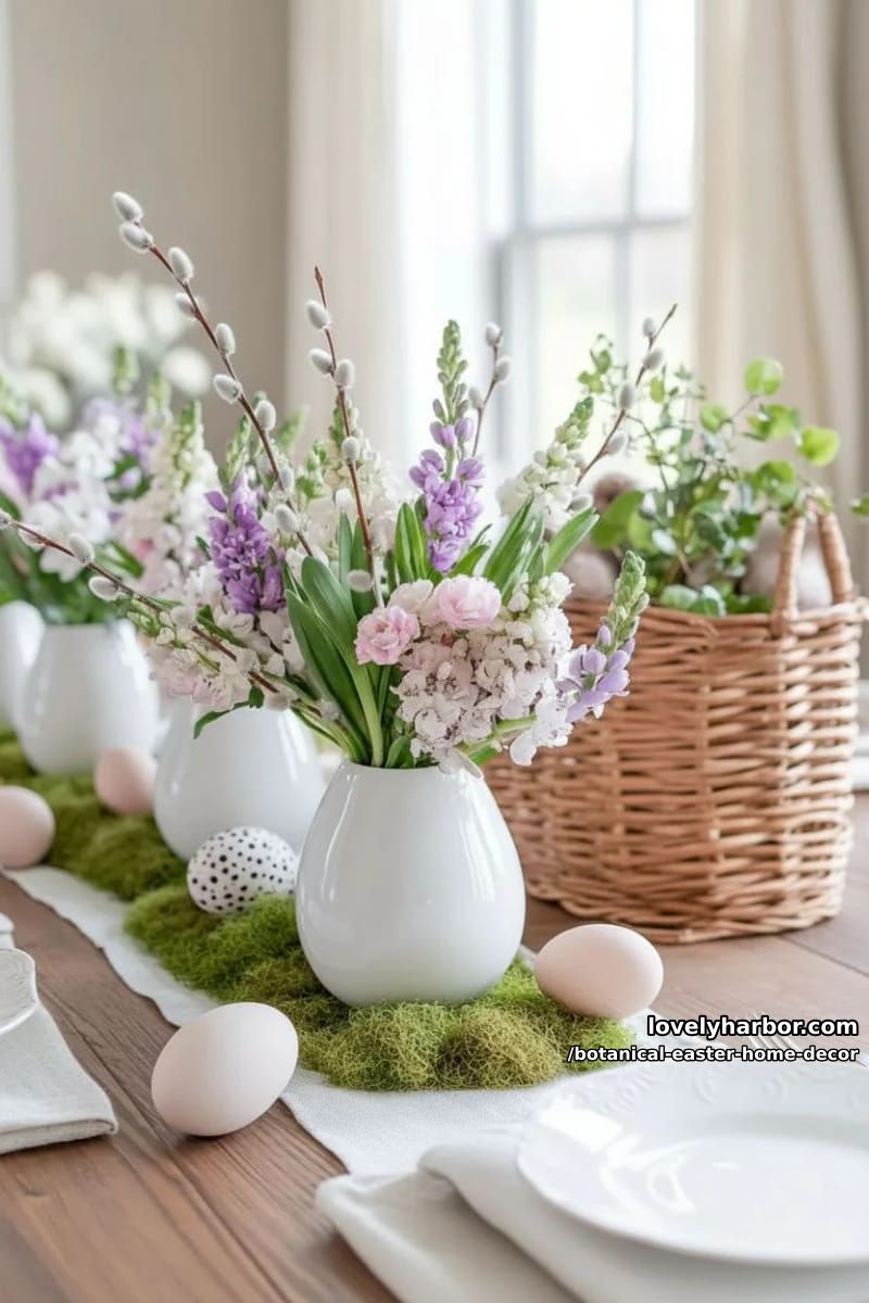 ceramic egg vases filled with hyacinths and pussy willow stems 1