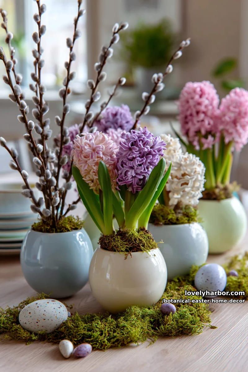 ceramic egg vases filled with hyacinths and pussy willow stems 1