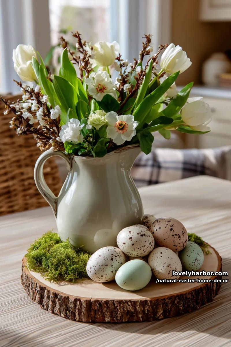 ceramic pitcher of spring blooms, moss, and speckled eggs on a wooden slab 1