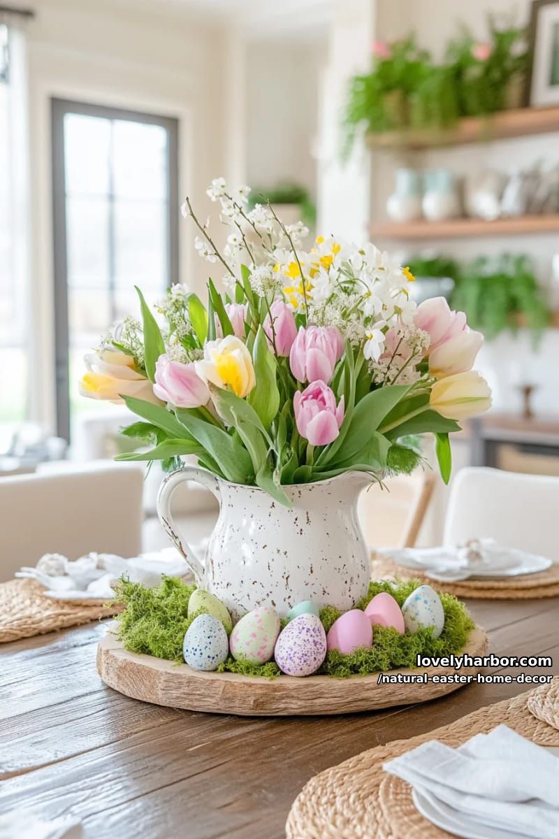 ceramic pitcher of spring blooms, moss, and speckled eggs on a wooden slab 1