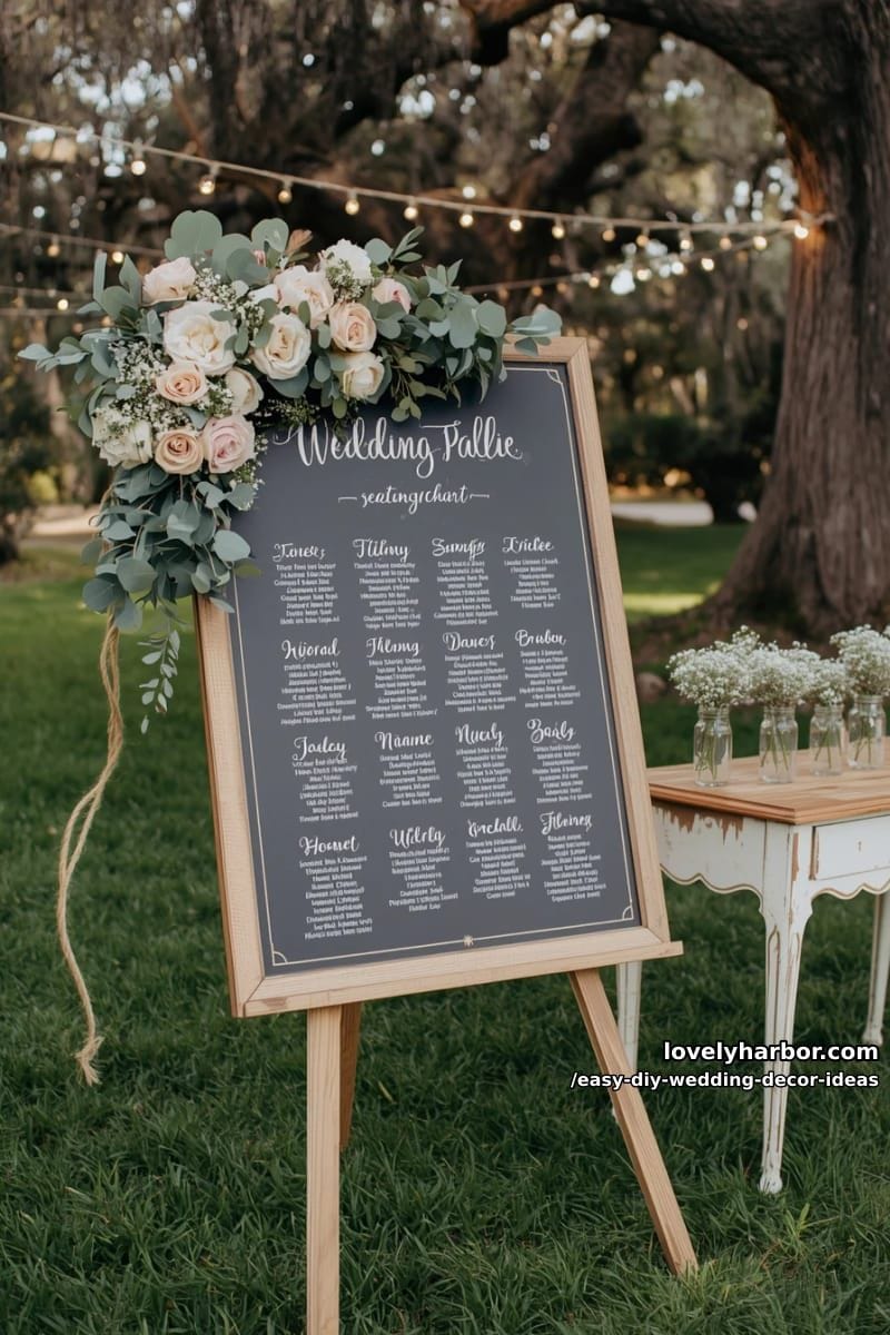 chalkboard seating chart framed with silk floral clusters and twine 1