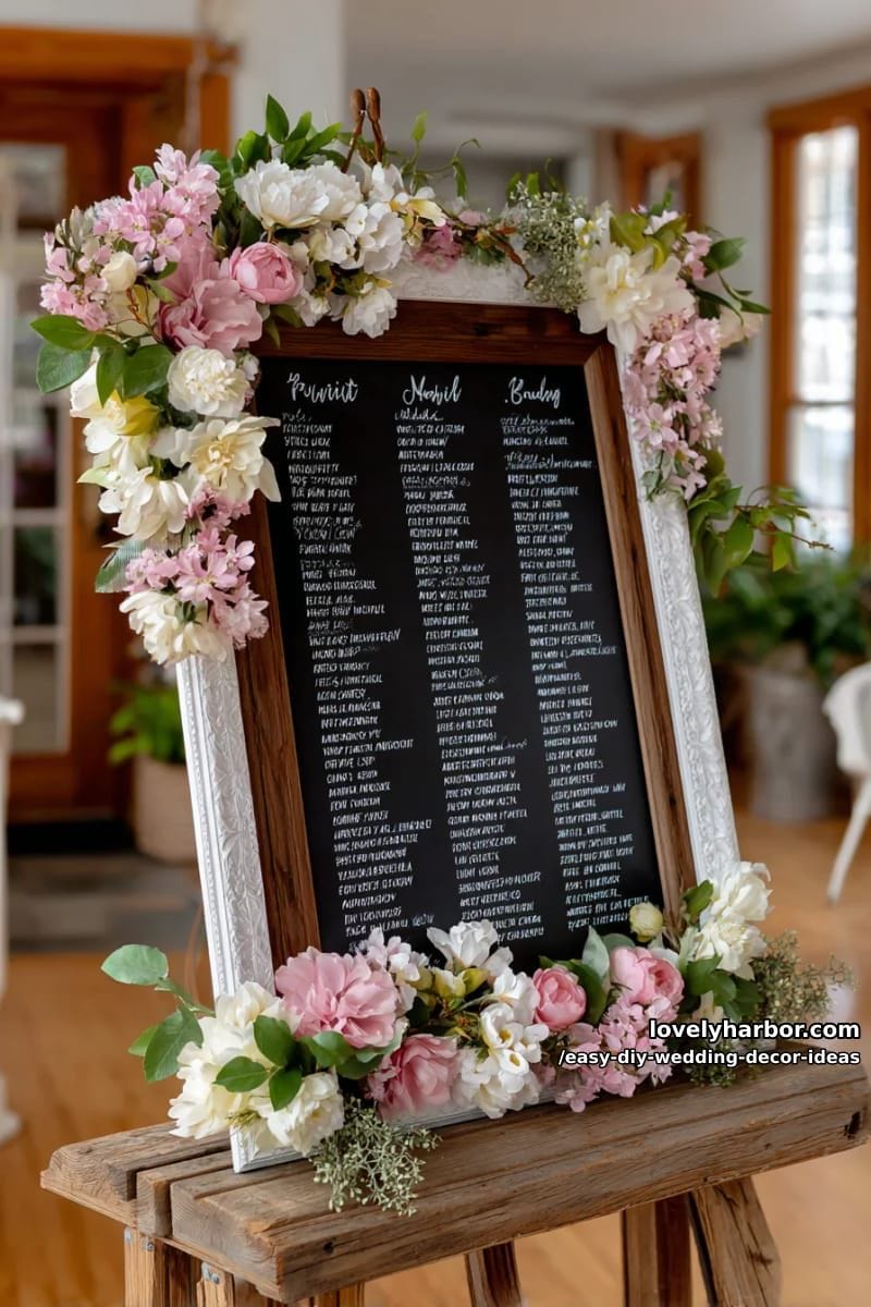 chalkboard seating chart framed with silk floral clusters and twine 1
