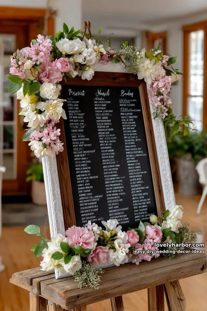 15 Easy DIY Wedding Decor Ideas for a Chic Wedding Set 32 chalkboard seating chart framed with silk floral clusters and twine 1