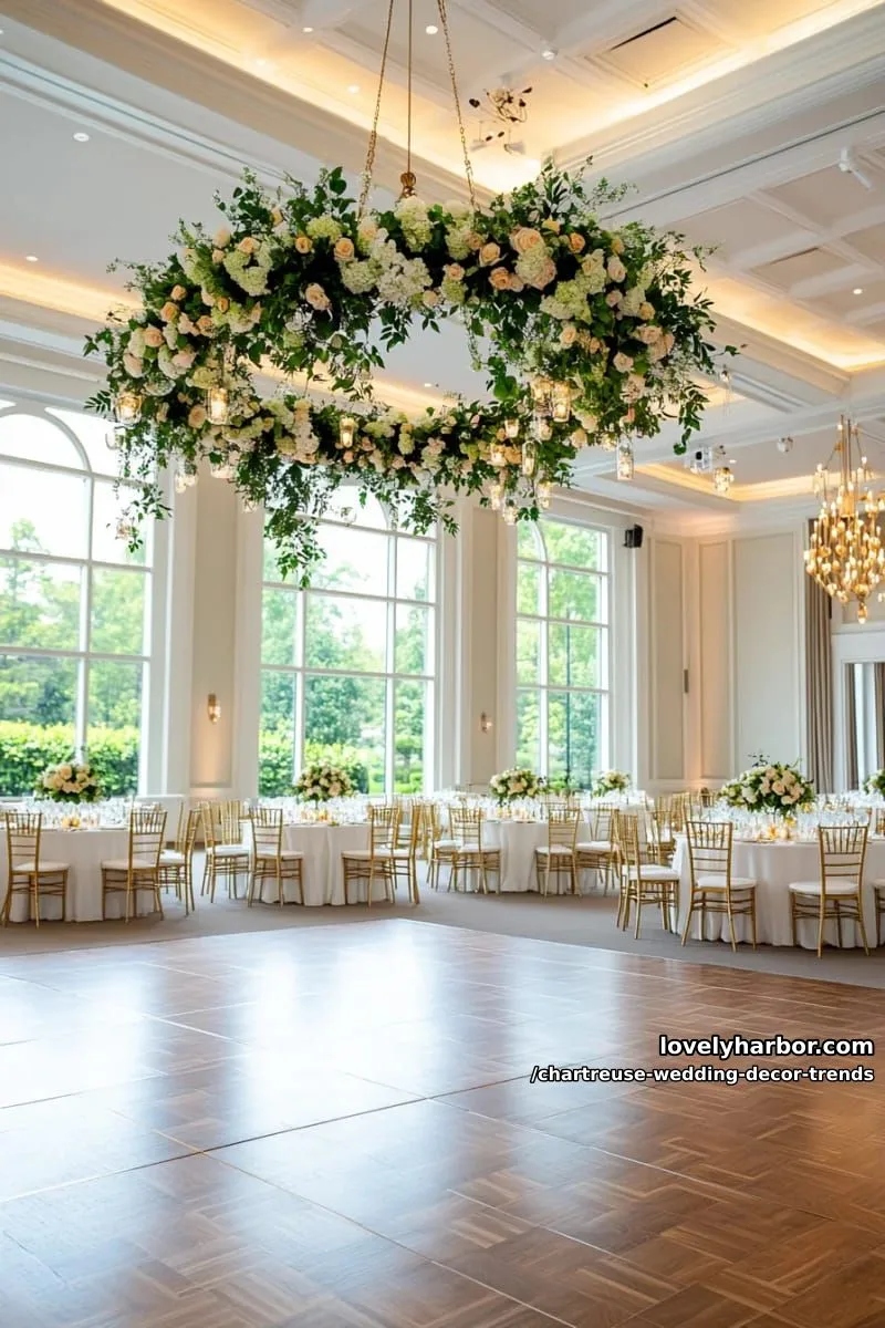 15 Chartreuse Wedding Decor Trends You Should Try 25 chartreuse and butter yellow floral chandelier suspended over dance floor 1