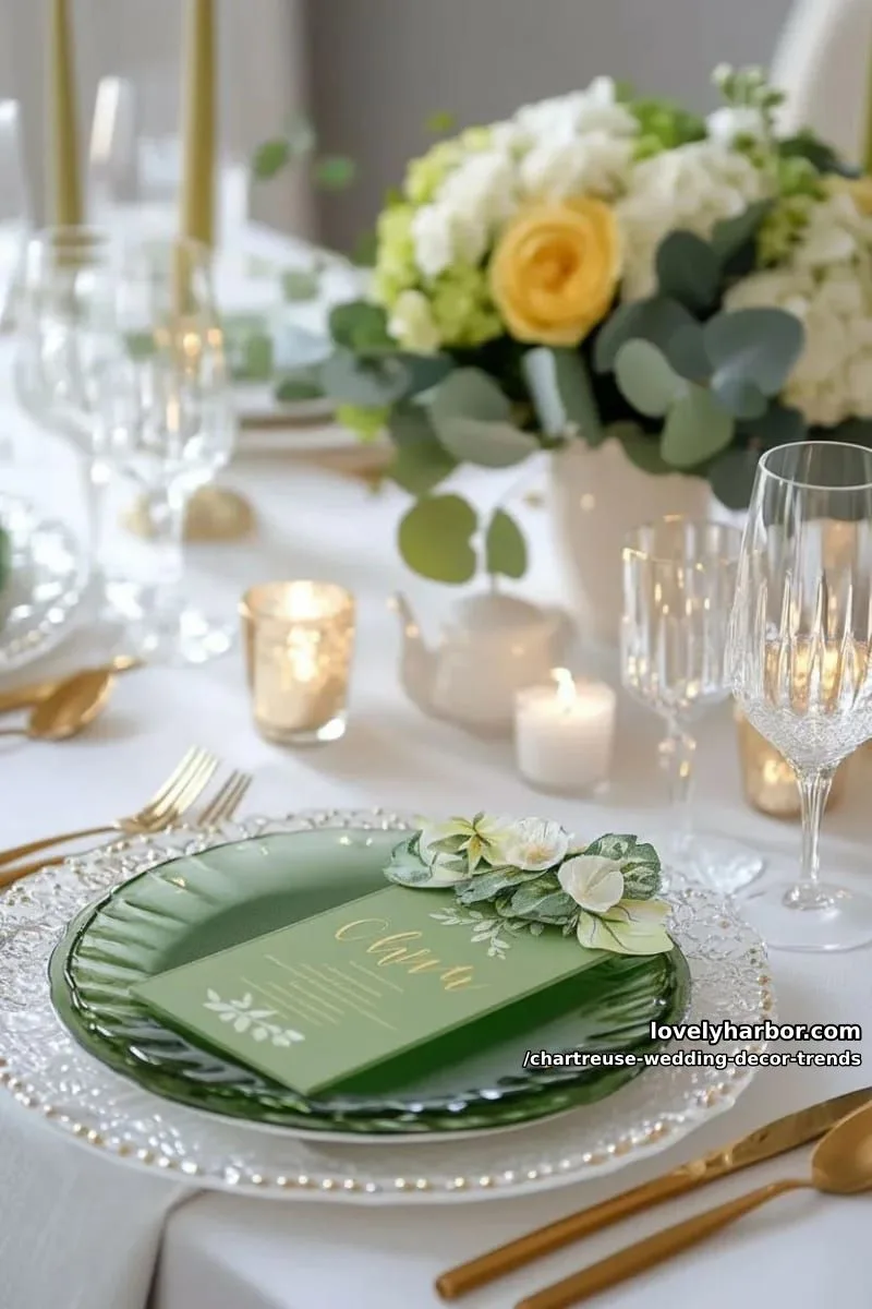 15 Chartreuse Wedding Decor Trends You Should Try 12 chartreuse-painted acrylic place cards with gold calligraphy 1