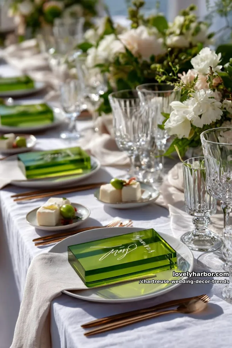15 Chartreuse Wedding Decor Trends You Should Try 13 chartreuse-painted acrylic place cards with gold calligraphy 1