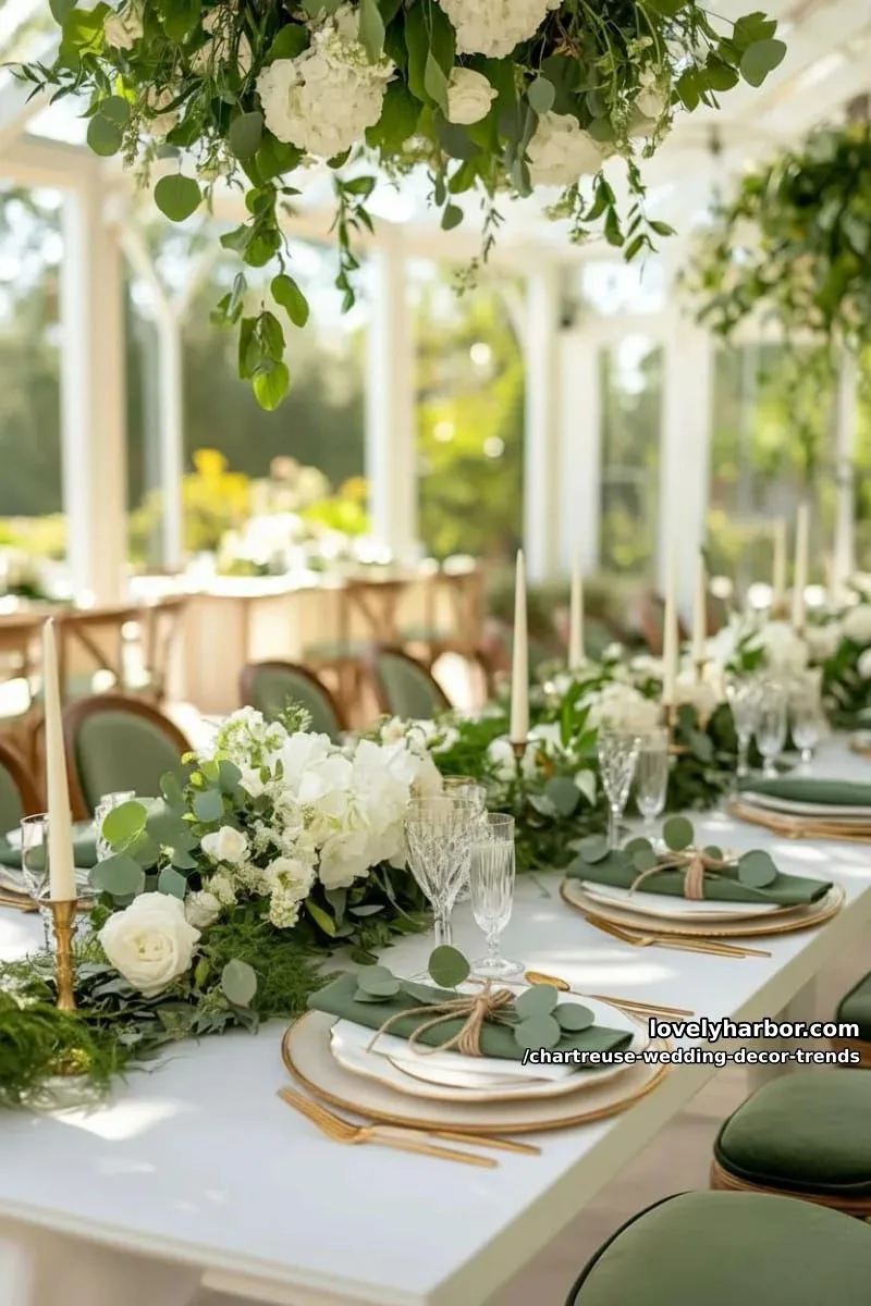 15 Chartreuse Wedding Decor Trends You Should Try 7 chartreuse silk napkins folded with eucalyptus sprigs atop each plate 1