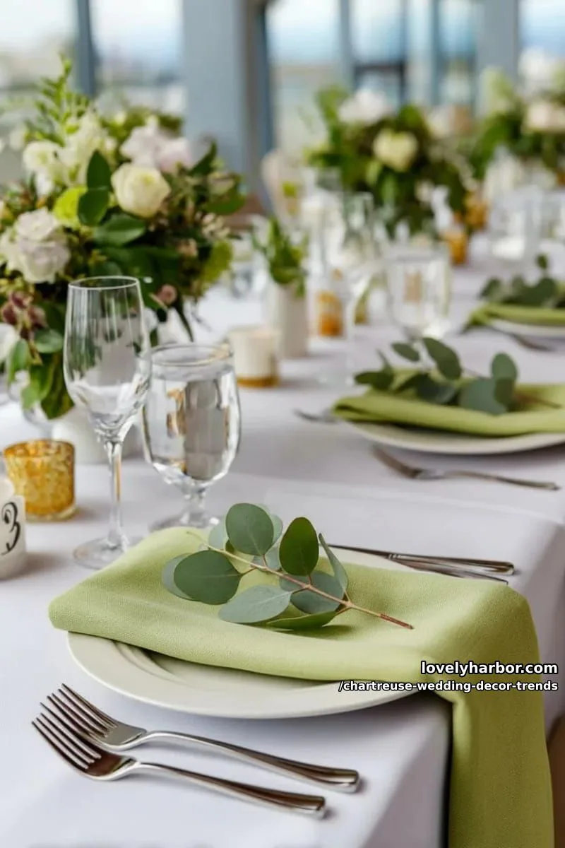 15 Chartreuse Wedding Decor Trends You Should Try 8 chartreuse silk napkins folded with eucalyptus sprigs atop each plate 1