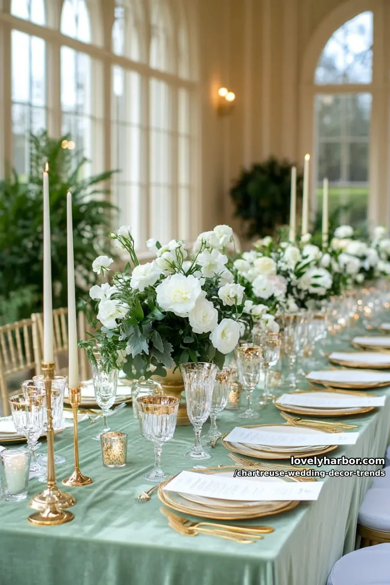 15 Chartreuse Wedding Decor Trends You Should Try 2 chartreuse velvet tablecloths paired with golden candlestick centerpieces 1