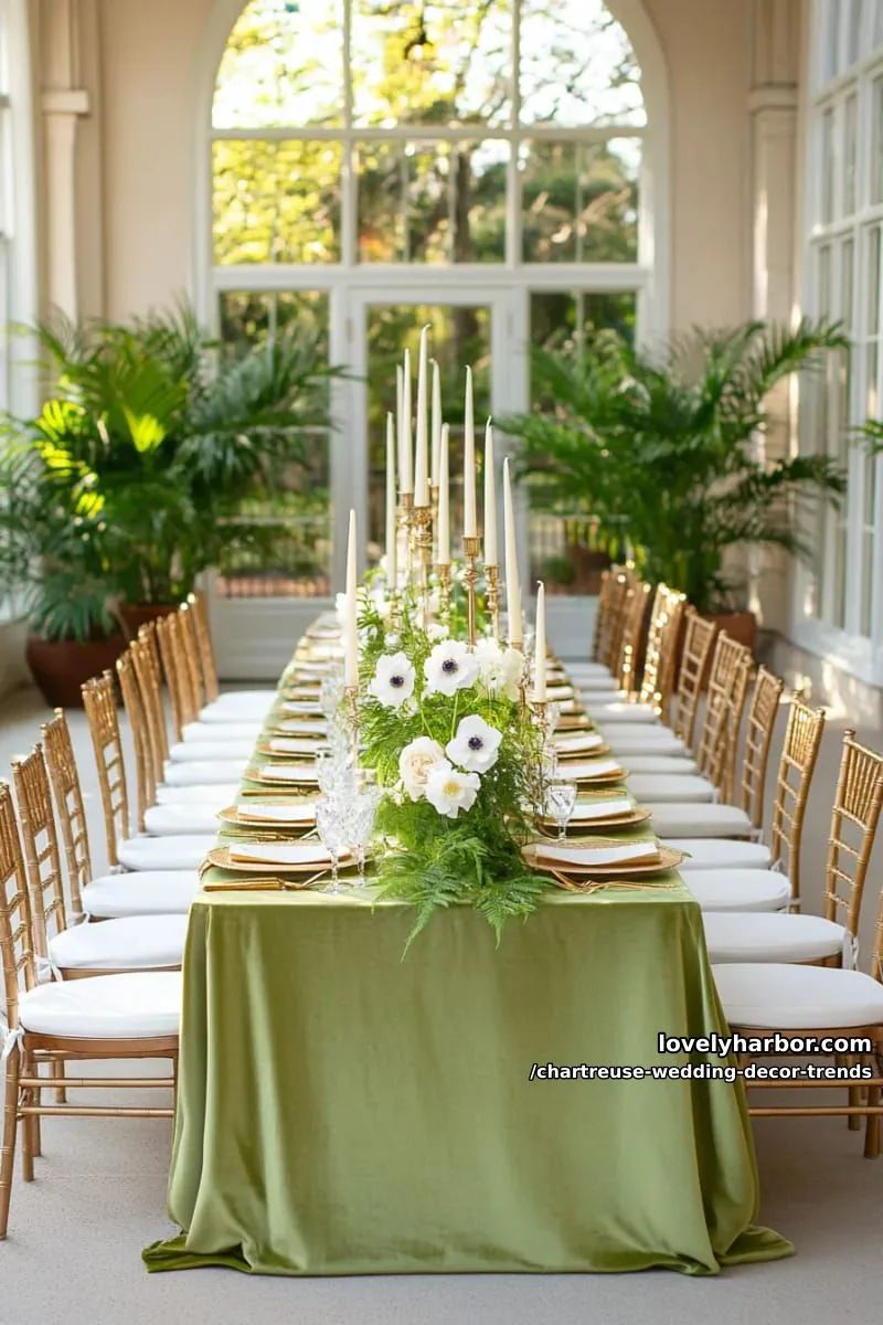 15 Chartreuse Wedding Decor Trends You Should Try 3 chartreuse velvet tablecloths paired with golden candlestick centerpieces 1