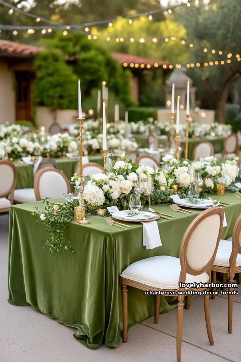 15 Chartreuse Wedding Decor Trends You Should Try 4 chartreuse velvet tablecloths paired with golden candlestick centerpieces 1