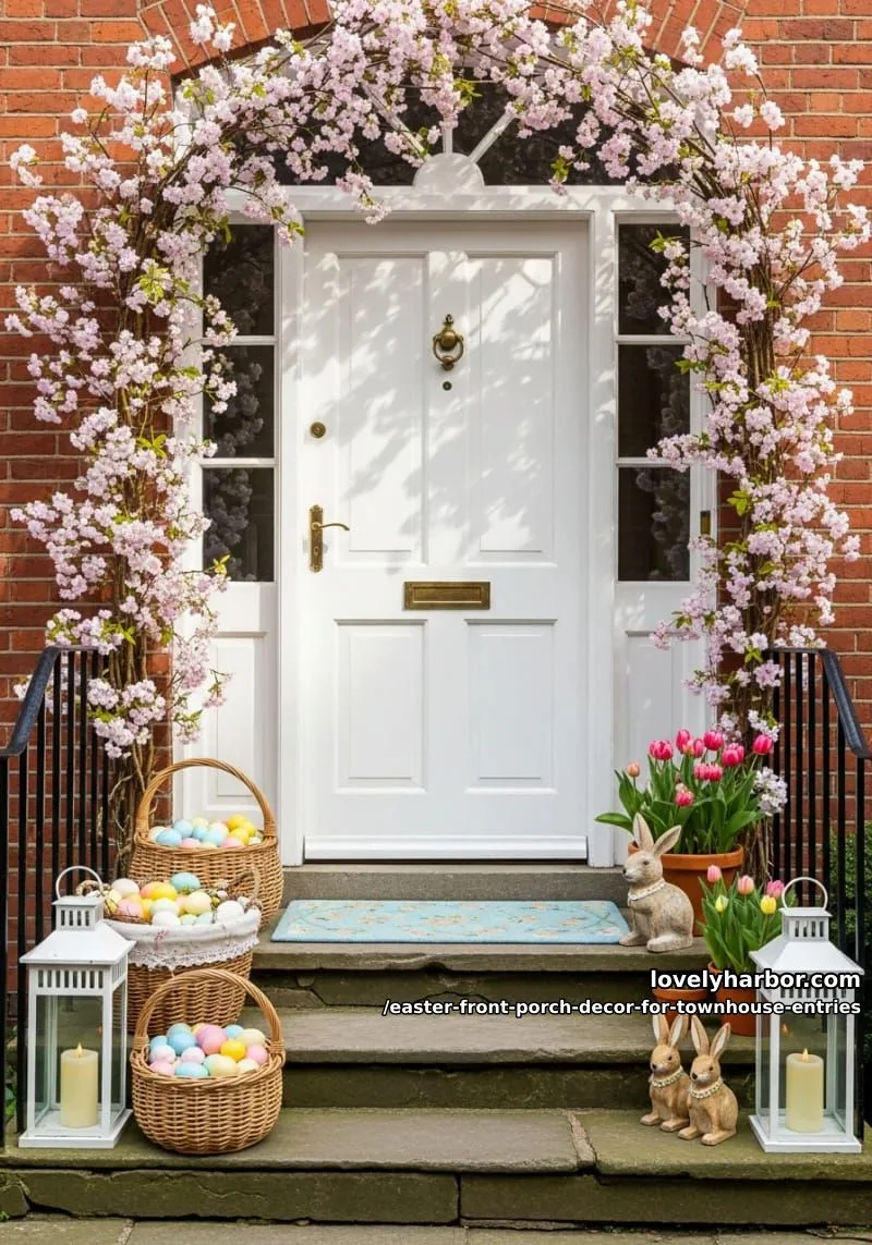 cherry blossom garland archway around petite townhouse porch 1
