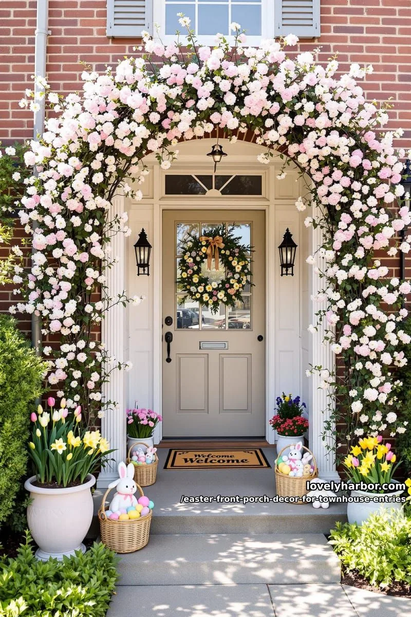 cherry blossom garland archway around petite townhouse porch 1