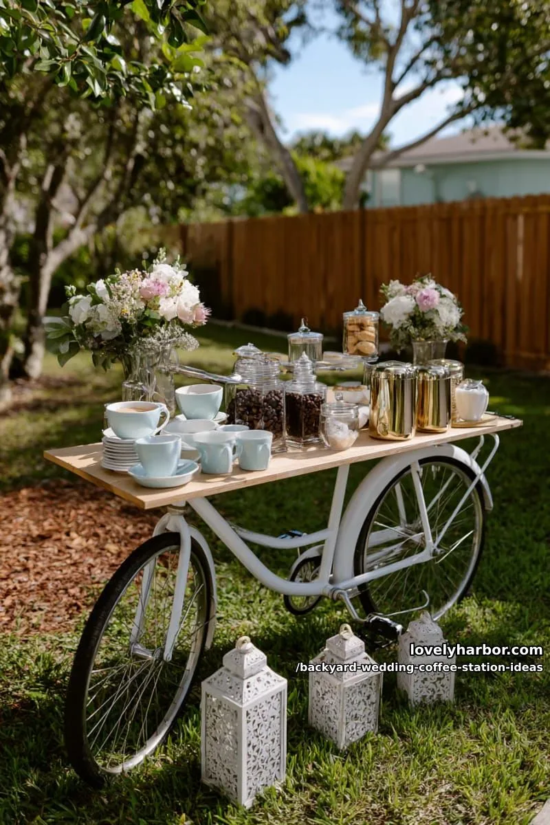 15 Backyard Wedding Coffee Station Ideas For Your Reception 14 chic coffee station on a white antique bicycle cart with lanterns 1