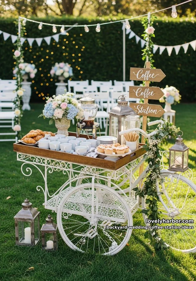 15 Backyard Wedding Coffee Station Ideas For Your Reception 15 chic coffee station on a white antique bicycle cart with lanterns 1