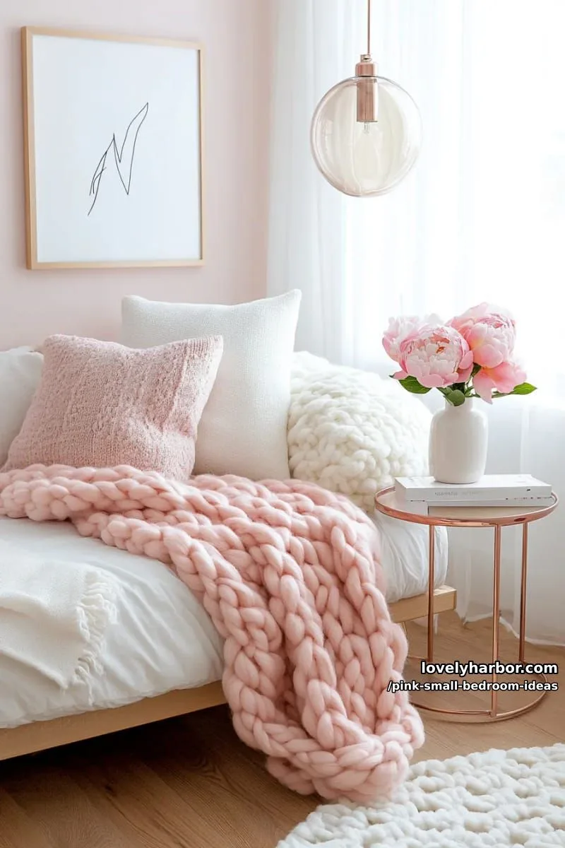21 Pink Small Bedrooms Ideas You'll Love 7 chunky knit dusty rose throw on a white daybed 1