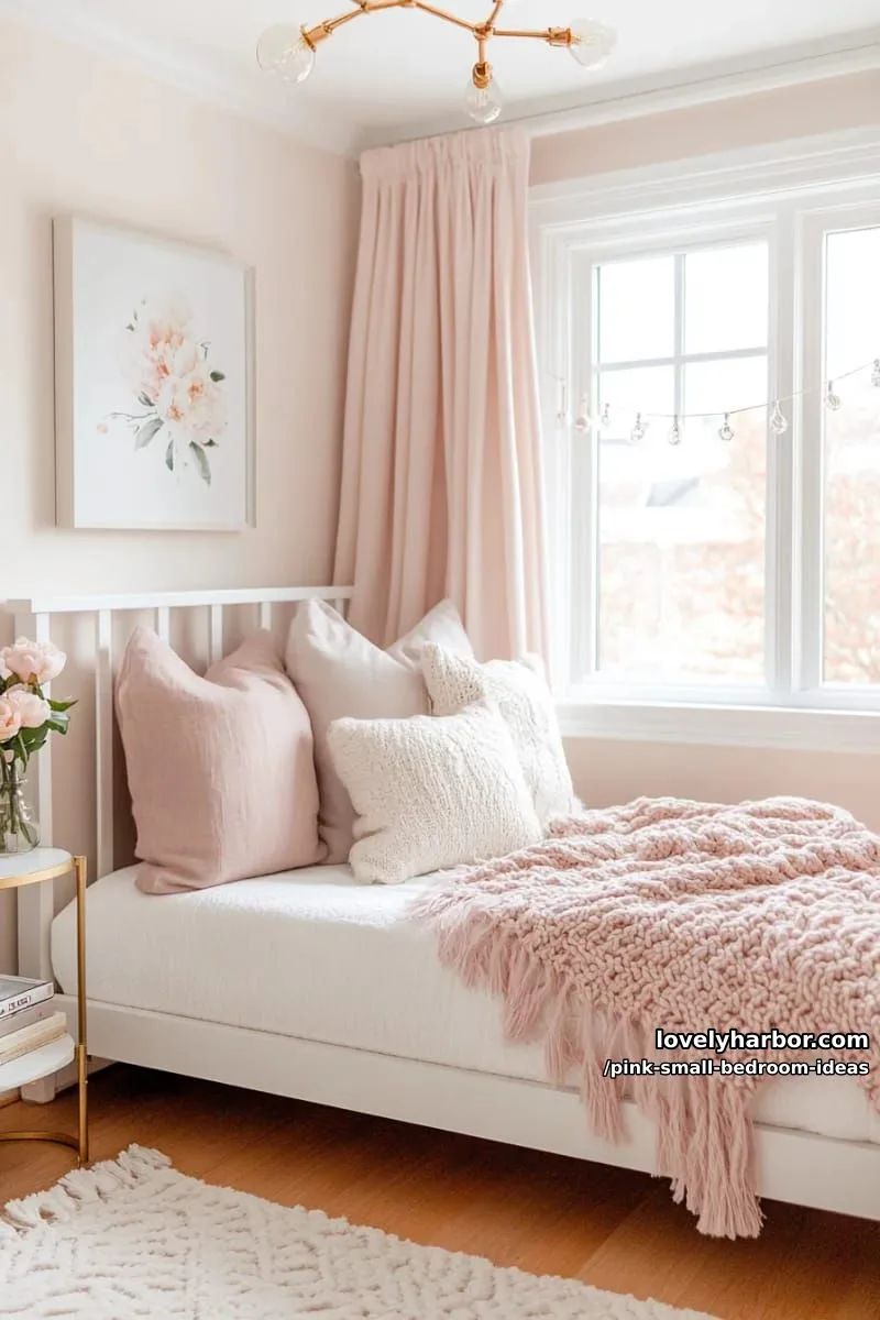 21 Pink Small Bedrooms Ideas You'll Love 8 chunky knit dusty rose throw on a white daybed 1