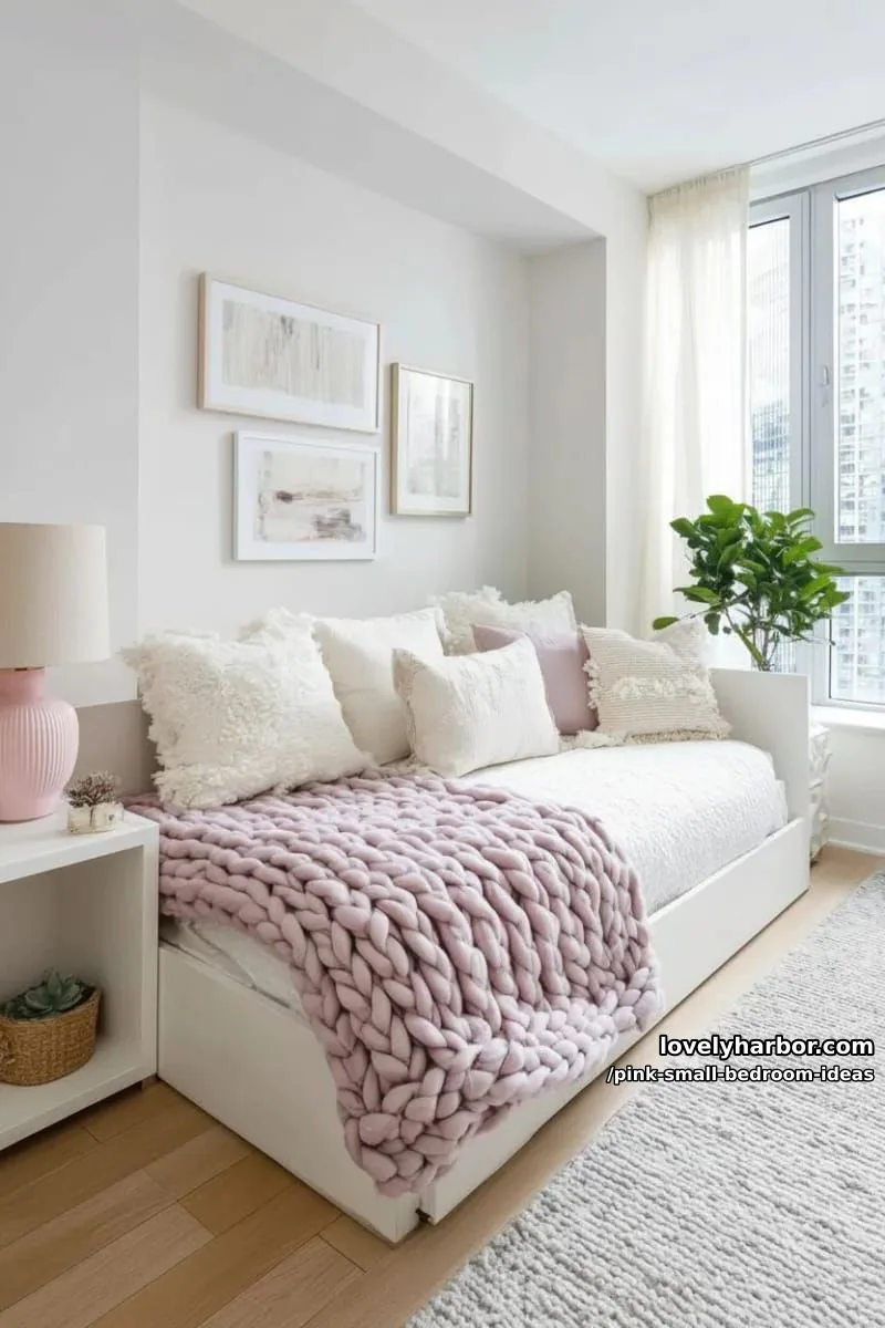 21 Pink Small Bedrooms Ideas You'll Love 9 chunky knit dusty rose throw on a white daybed 1
