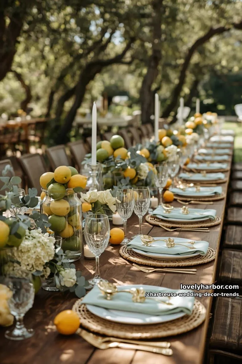 15 Chartreuse Wedding Decor Trends You Should Try 5 citrus and chartreuse fruit-filled vases for an organic tablescape 1
