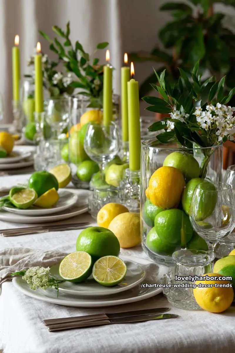15 Chartreuse Wedding Decor Trends You Should Try 6 citrus and chartreuse fruit-filled vases for an organic tablescape 1