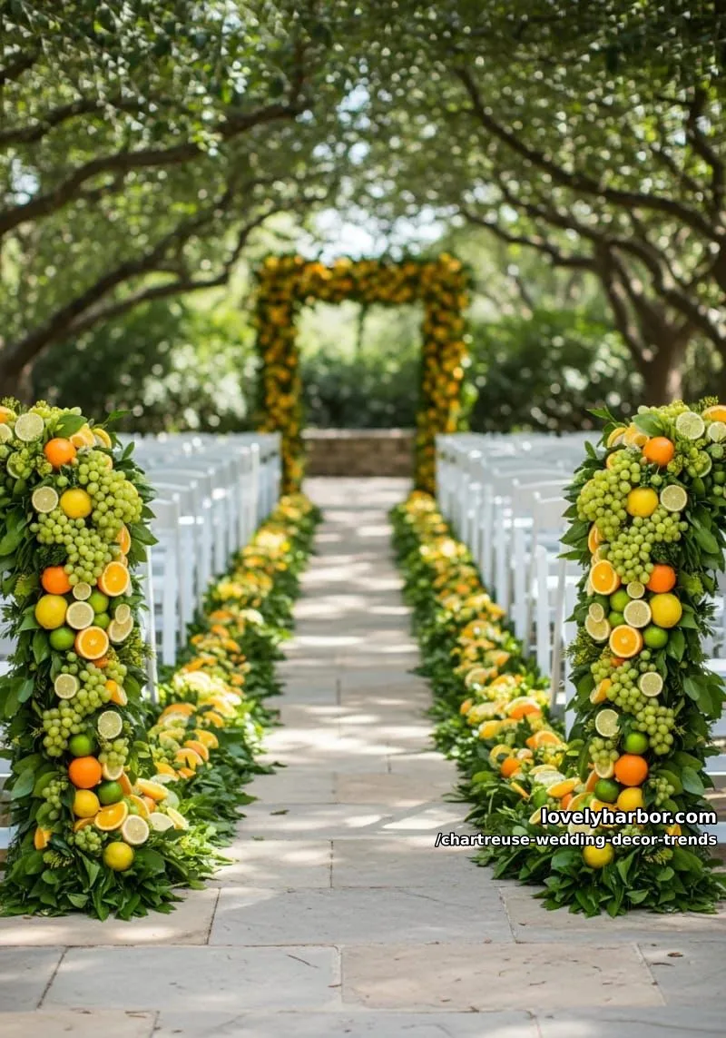 15 Chartreuse Wedding Decor Trends You Should Try 23 citrus fruit and green grape garlands for summer-inspired aisle runners 1
