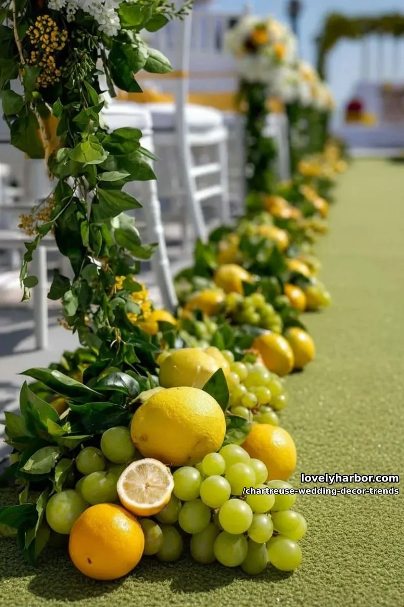 15 Chartreuse Wedding Decor Trends You Should Try 24 citrus fruit and green grape garlands for summer-inspired aisle runners 1