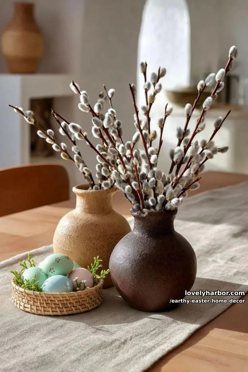 15 Earthy Easter Home Decor For A Nature-Friendly Seasonal Touch 10 clay vases with pussy willow branches on a linen table runner 1