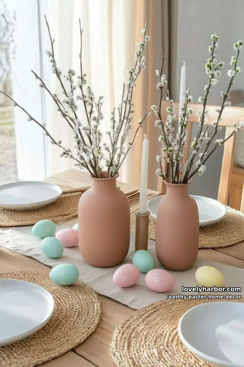 15 Earthy Easter Home Decor For A Nature-Friendly Seasonal Touch 8 clay vases with pussy willow branches on a linen table runner 1