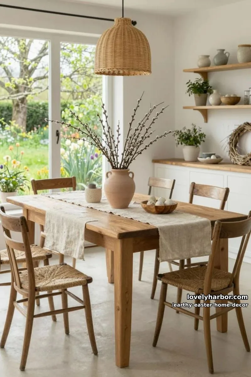 15 Earthy Easter Home Decor For A Nature-Friendly Seasonal Touch 9 clay vases with pussy willow branches on a linen table runner 1