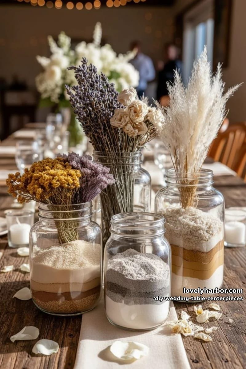 clear jars layered with colored sand, feathers, and dried flowers 1