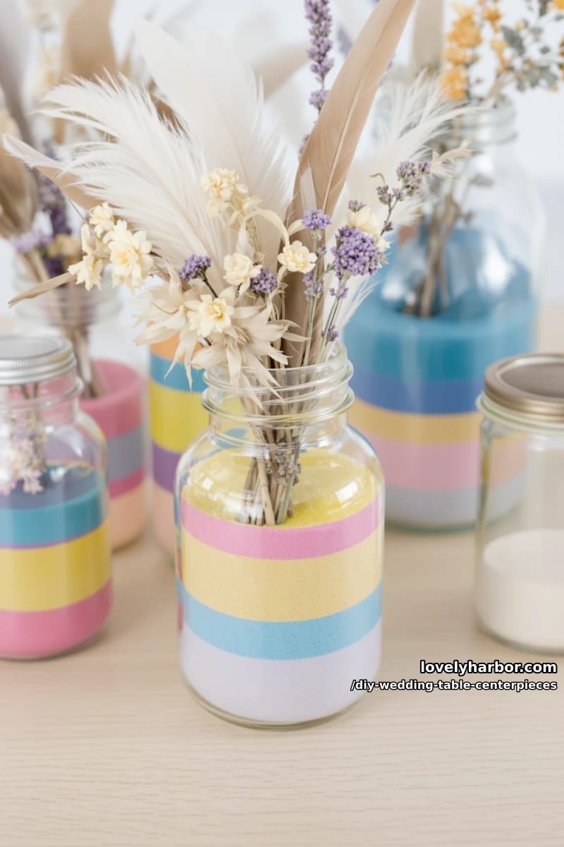 clear jars layered with colored sand, feathers, and dried flowers 1