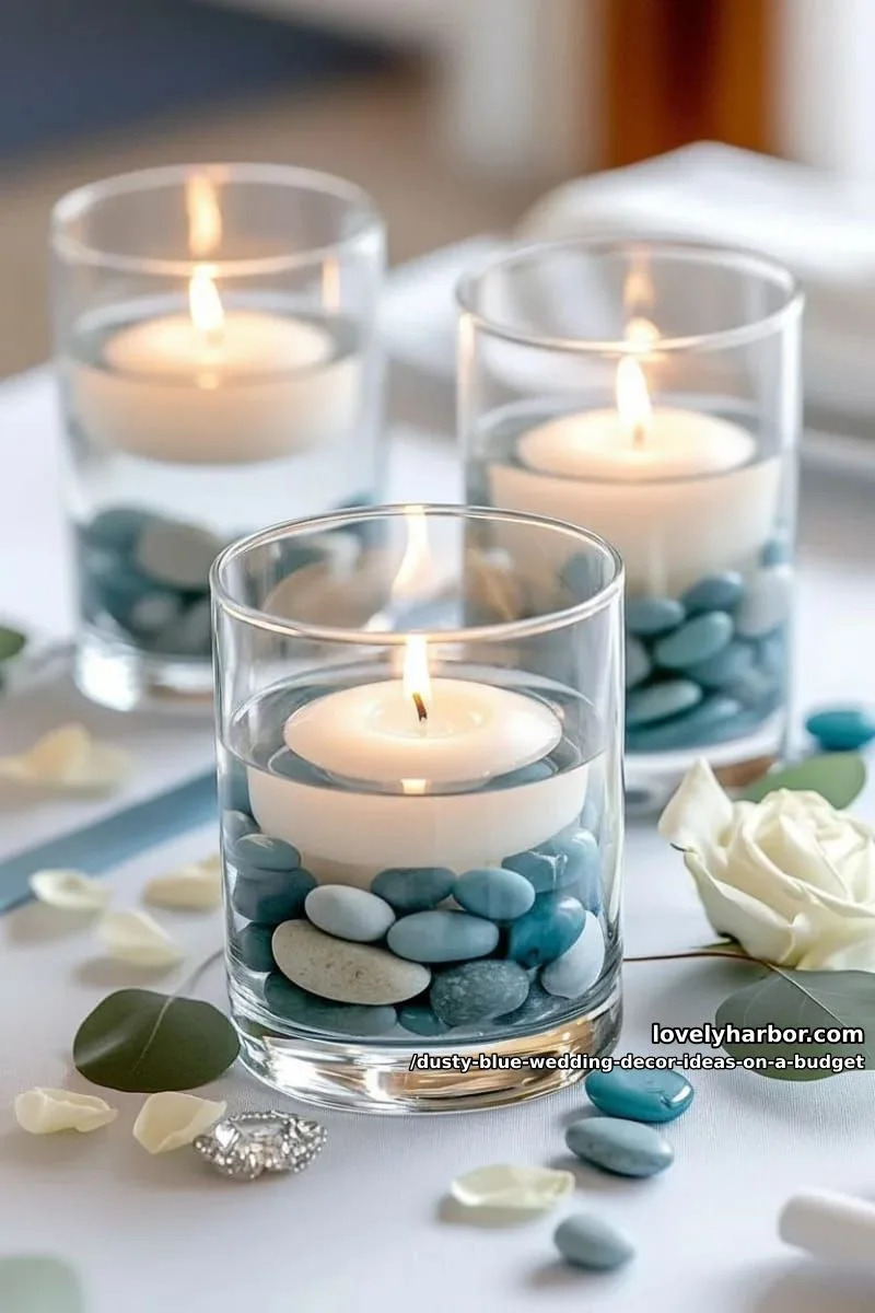 clear vases filled with blue decorative stones and floating candles 1
