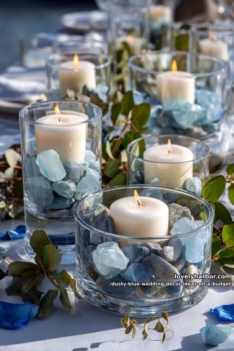 clear vases filled with blue decorative stones and floating candles 1